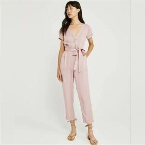 Abercrombie Fitch Wrap Front Utility Jumpsuit Belted Short Sleeves Blush L Tall
